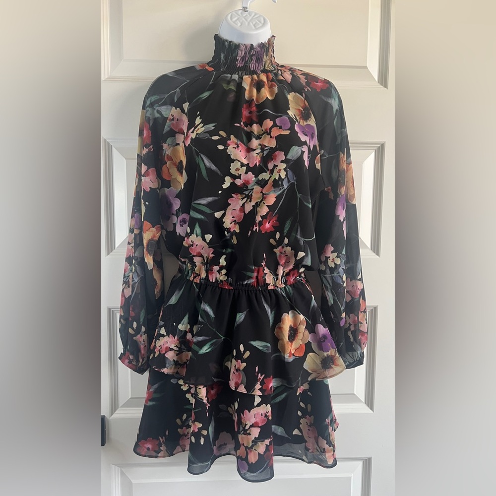 YUMI KIM Class Act Black Floral Ruffle Smocked Mini Dress Size Small *FLAW*